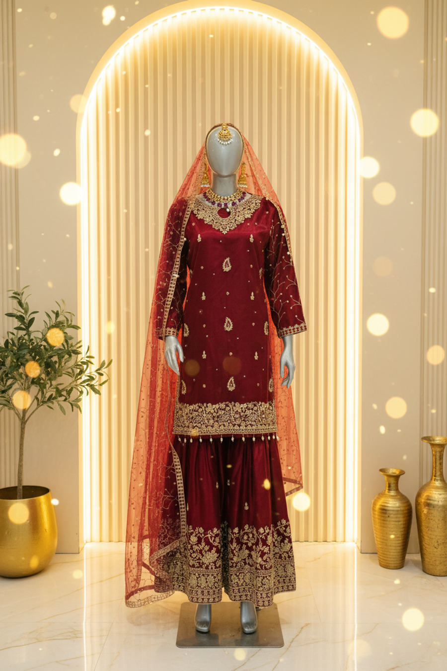 Deep Maroon Wine Velvet Gharara Set | Gold Booti Embroidery with Pink Dupatta — view 4 — Bridal by Bawany Threads & Style
