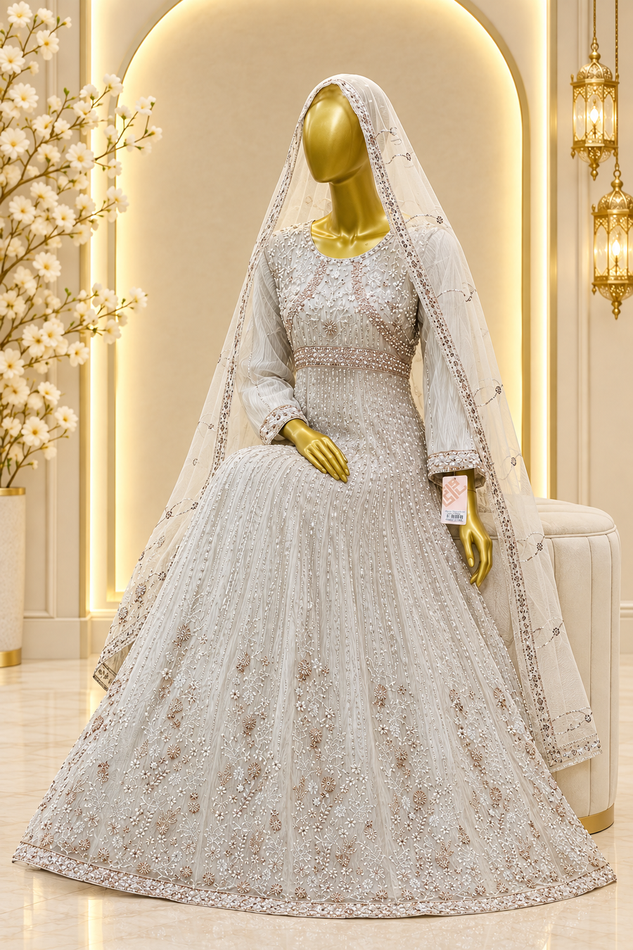 Silver Grey Ivory Pearl Gown | Metallic Floral Embroidery & Vertical Shimmer Detailing | Long Flared Silhouette | Sheer Bordered Veil | BAWANY Threads & Style — view 4 — Organza by Bawany Threads & Style