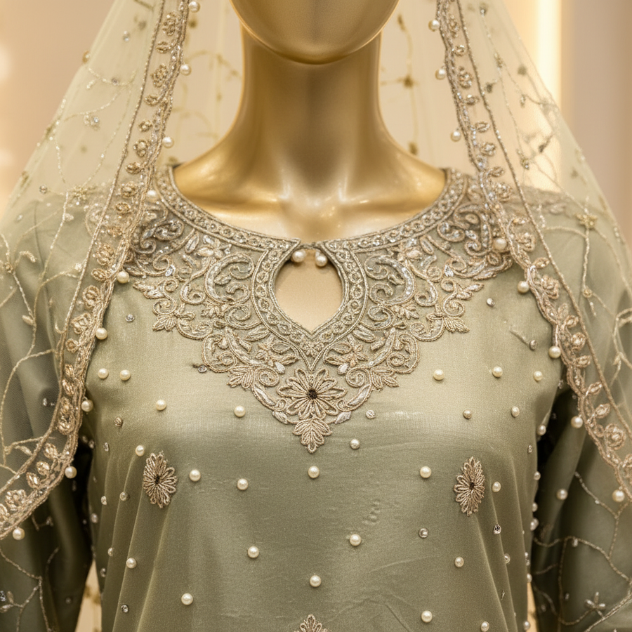Sage Olive Embroidered Kameez Set | Metallic Pearl Floral Border | 3-Piece Pakistani Formal Suit | Ivory Dupatta & Matching Potli | Formal Collection — view 2 — Chiffon by Bawany Threads & Style