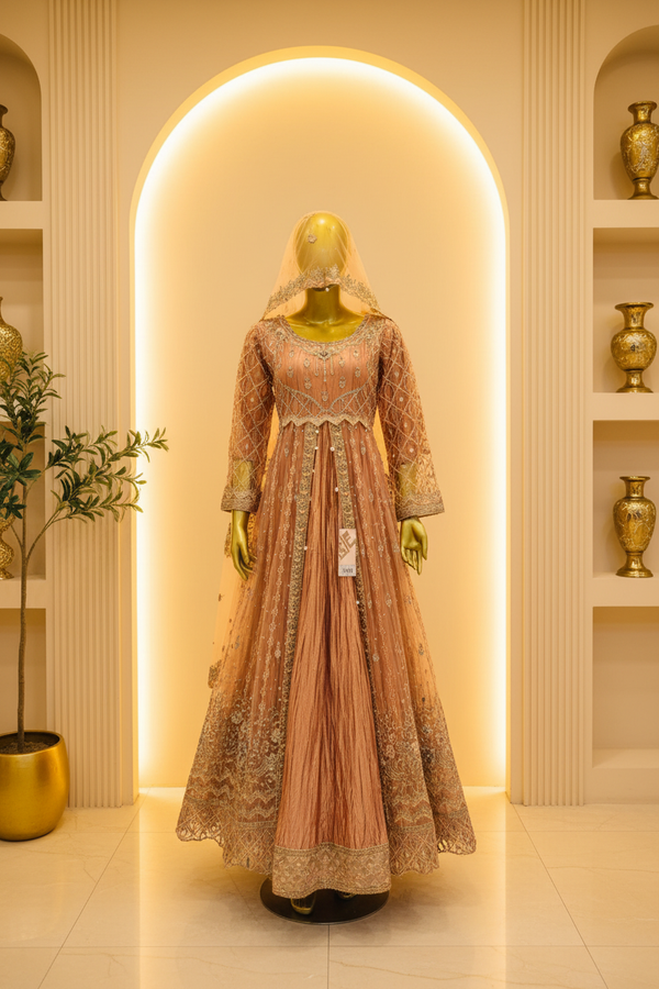 Peach-Rose Heavy Embroidered Bridal Anarkali | Gold Zari & Crystal Work — Bridal by Bawany Threads & Style