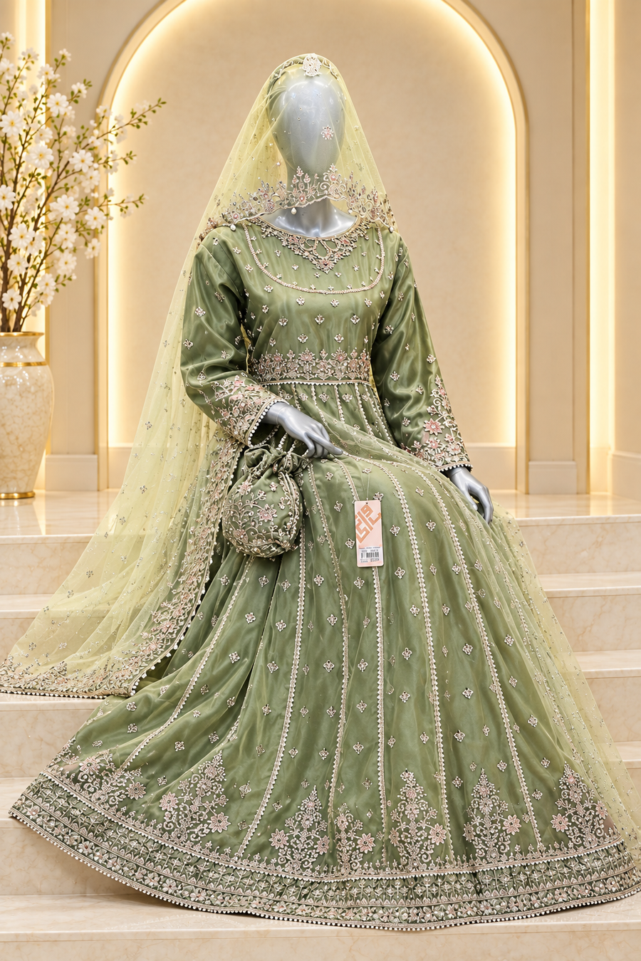 Sage Olive Noor Gown | Metallic Floral Embroidery & Ornate Hem | Long Flared Dress with Sheer Veil & Matching Potli | BAWANY Threads & Style — Organza by Bawany Threads & Style
