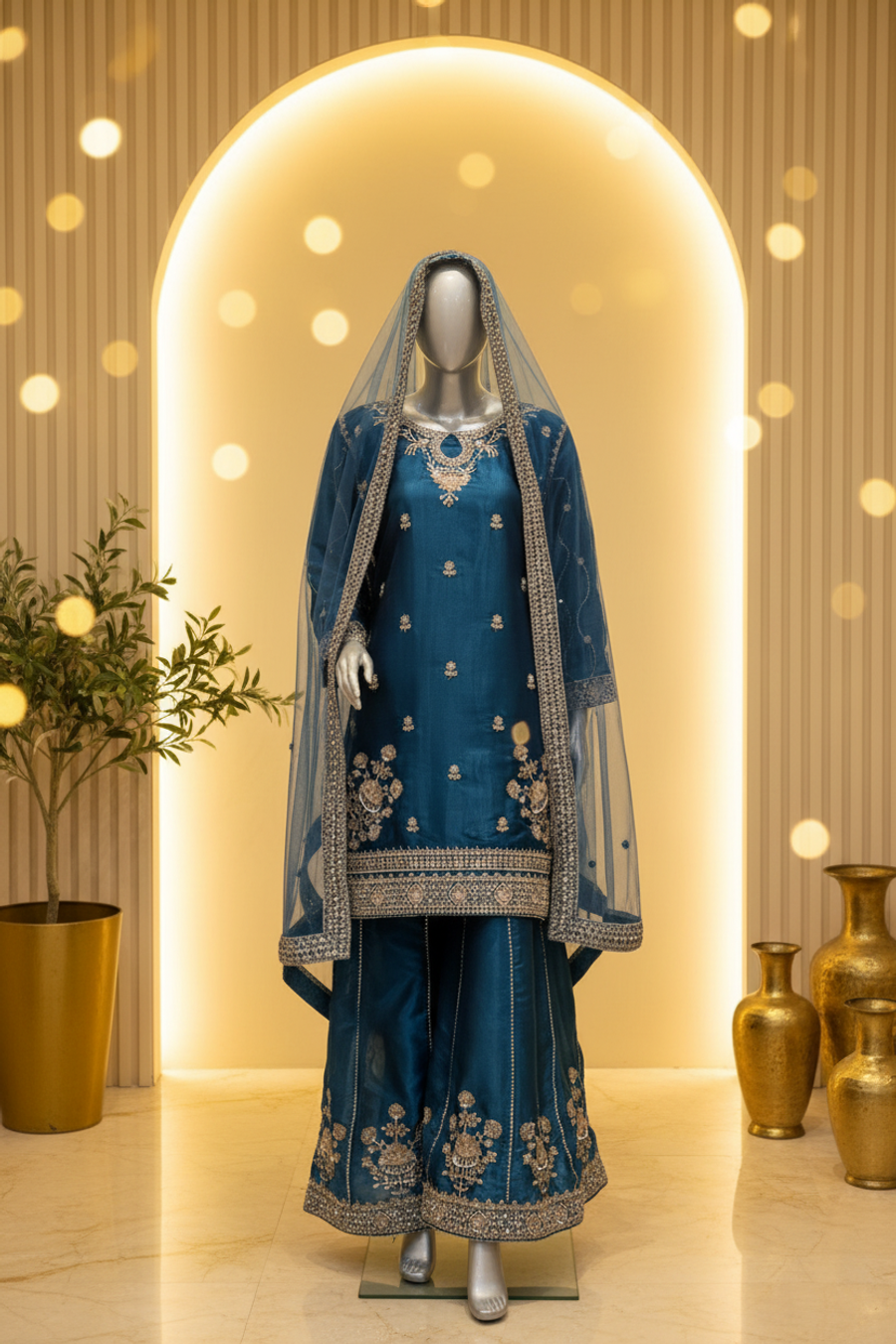 Teal Peacock Blue Silk Gharara Set | Silver Gold Zardozi Embroidery & Sapphire Pendant — view 3 — Bridal by Bawany Threads & Style