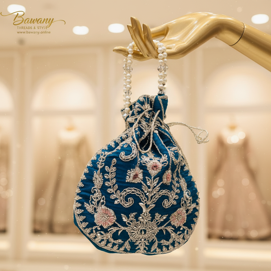 Teal Blue Bridal Suit | Silver Zardozi Yoke Border & Net Panel Skirt | 3-Piece Pakistani Formal Wear | Peacock Blue Wedding Suit | Pearl Drop Cuffs | Barat & Walima Collection — view 4 — Formals by Bawany Threads & Style