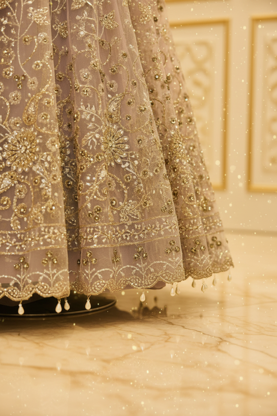 Lavender Lilac Net Anarkali Gown | Silver Gold Floral Vine Embroidery with Veil — view 3 — Bridal by Bawany Threads & Style