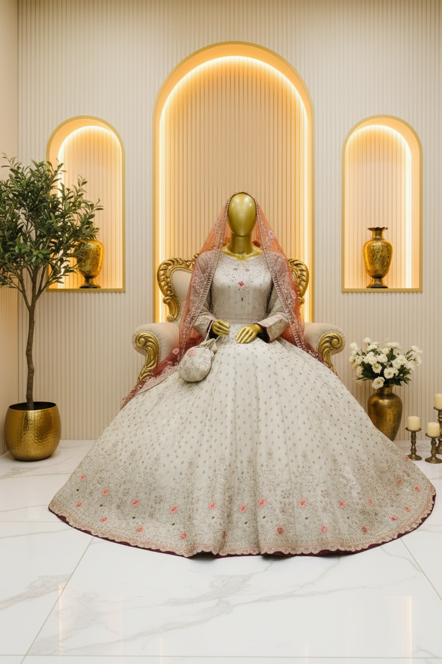  Ivory Champagne Bridal Anarkali Gown | Pearl & Pink Floral Embroidery | 3 Piece Pakistani Walima Dress | Rust Peach Contrast Dupatta | Bridal Collection — view 4 — Tissue by Bawany Threads & Style