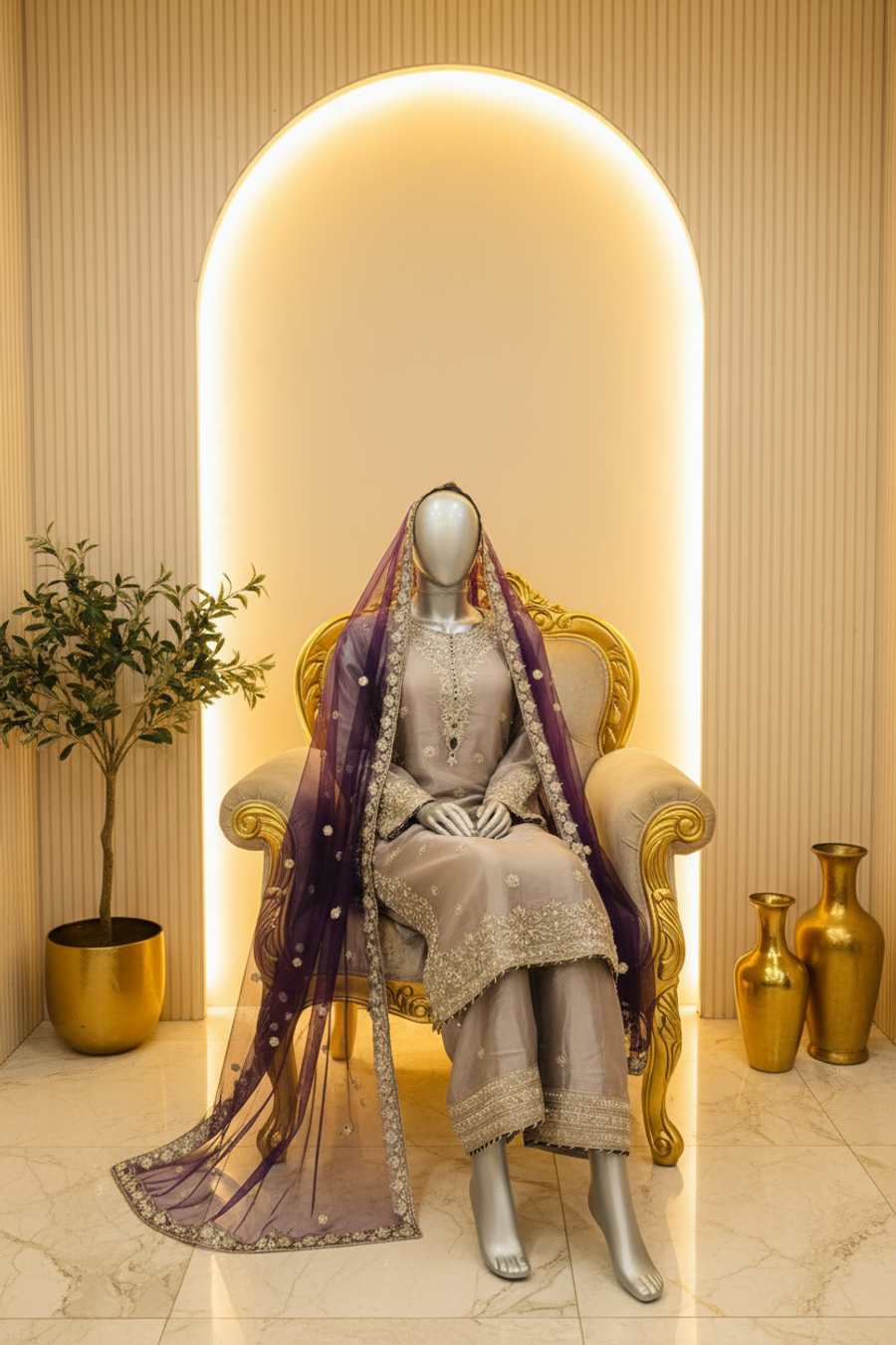Silver Grey Organza 3-Piece Suit | Silver Crystal Booti & Purple Net Dupatta — view 3 — Net by Bawany Threads & Style