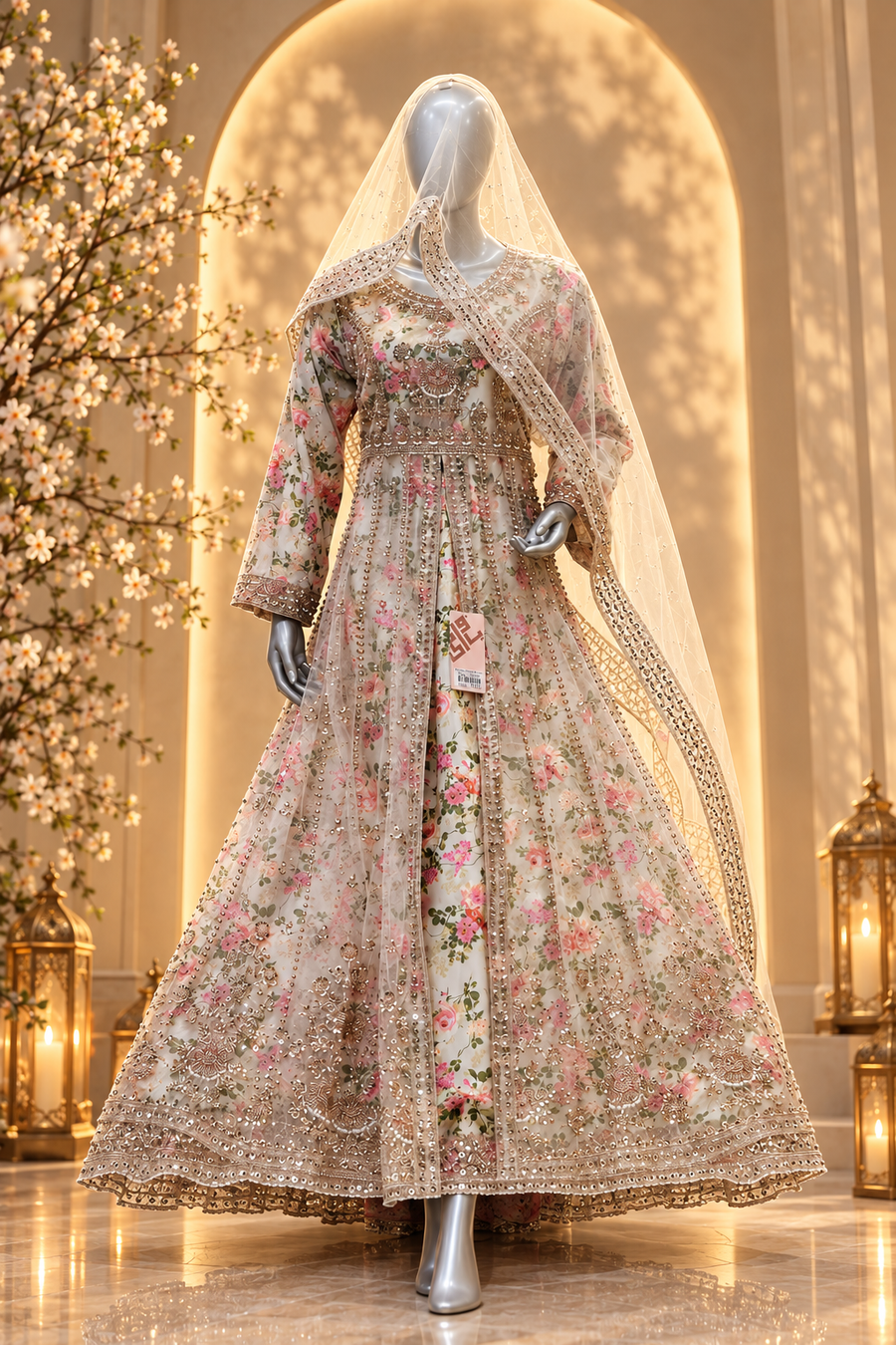 Pale Blush Floral Embroidered Ensemble | Silver-Gold Bodice & Ornate Hem | Pakistani Formal Gown | Sheer Blush Dupatta | BAWANY Collection — Organza by Bawany Threads & Style