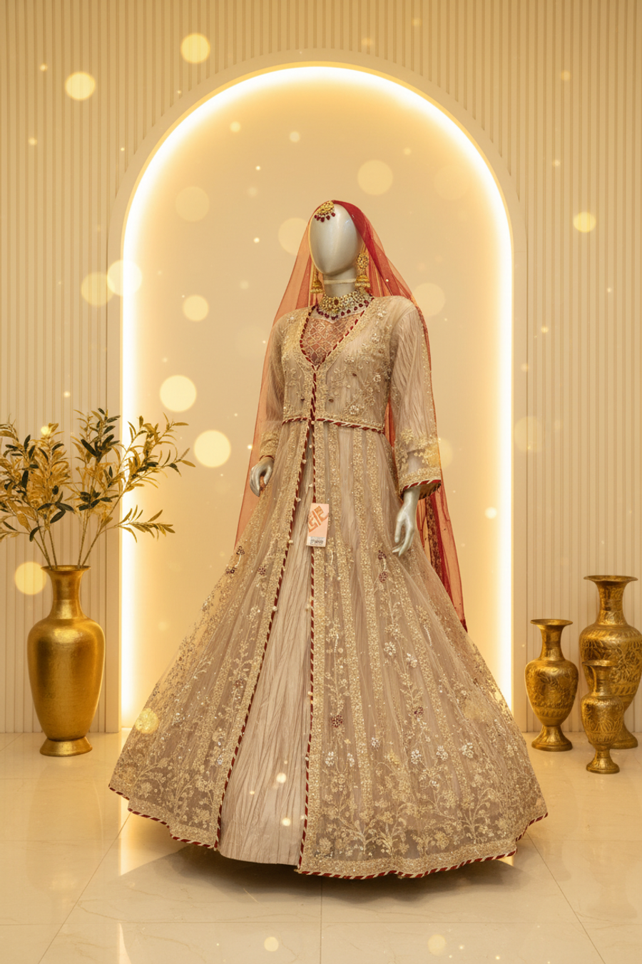 Ivory Cream Crushed Net Anarkali Gown | Deep V Lace-Up Neckline & Red Veil — Bridal by Bawany Threads & Style