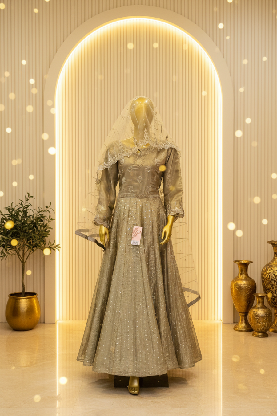 Sage Olive Silk Organza Anarkali Gown | Silver Gold Booti Crystal Waist Belt & Dupatta — view 4 — Bridal by Bawany Threads & Style