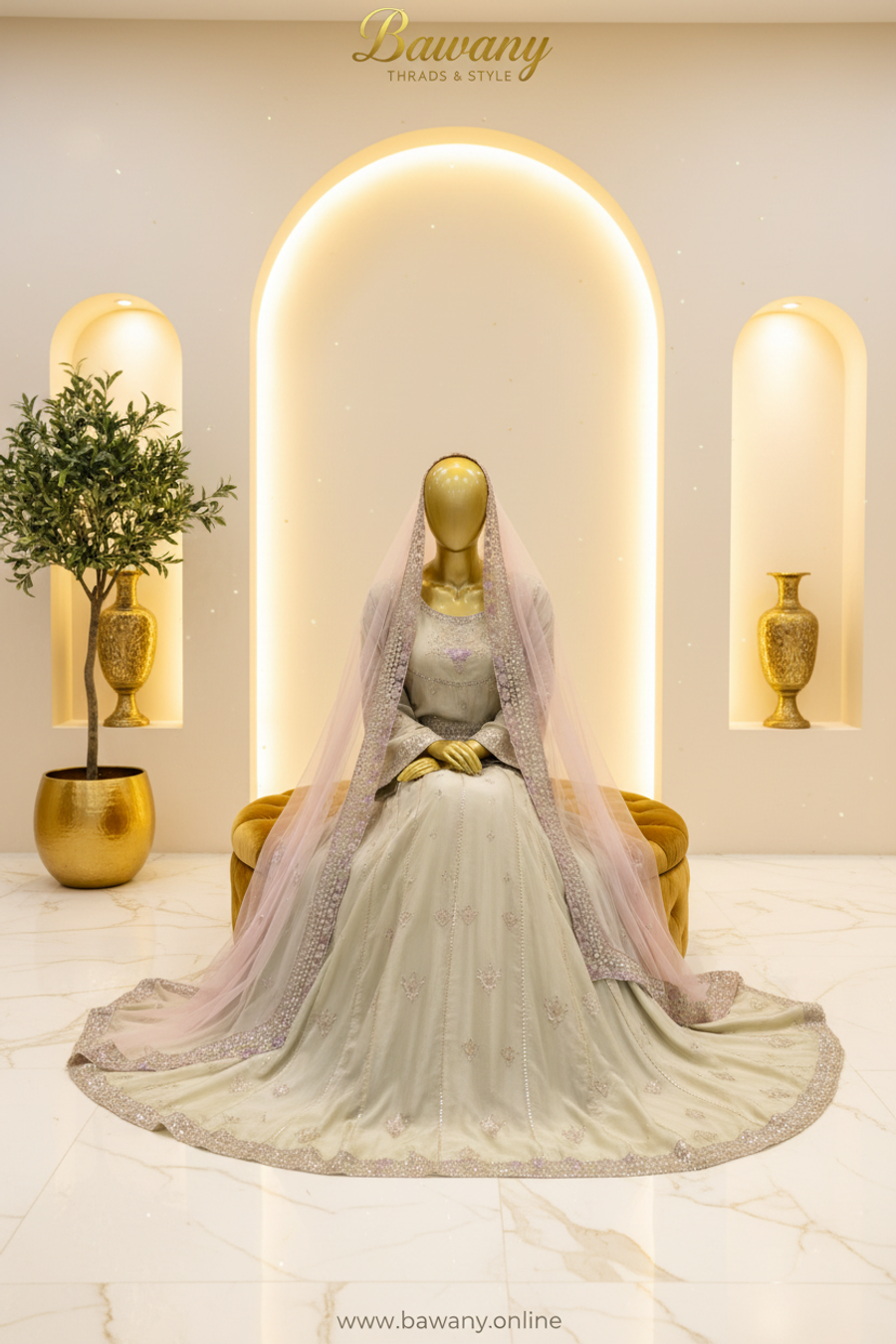 Sage Green Bridal Anarkali Frock | Square Neckline Lavender Border & Vertical Silver Lines & Scattered Fleur-de-lis Motifs | 2-Piece Pakistani Bridal Wear | Pale Olive Green Wedding Frock | Blush Pink Dupatta | Silver Lavender Zardozi | Nikah & Walima Collection — view 3 — Organza by Bawany Threads & Style