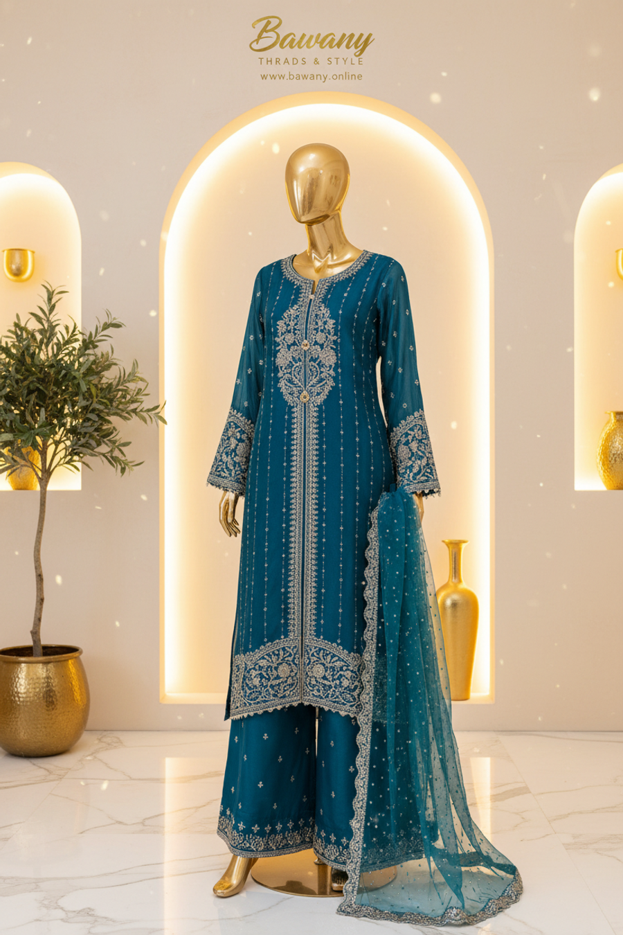 Teal Blue Formal Suit | Vertical Silver Sequin Dots & Central Zardozi Bouquet | 3-Piece Pakistani Formal Wear | Peacock Blue Kurti Palazzo Set | Floral Vine Cuff Border | Matching Teal Dupatta | Eid & Wedding Collection — view 4 — Organza by Bawany Threads & Style