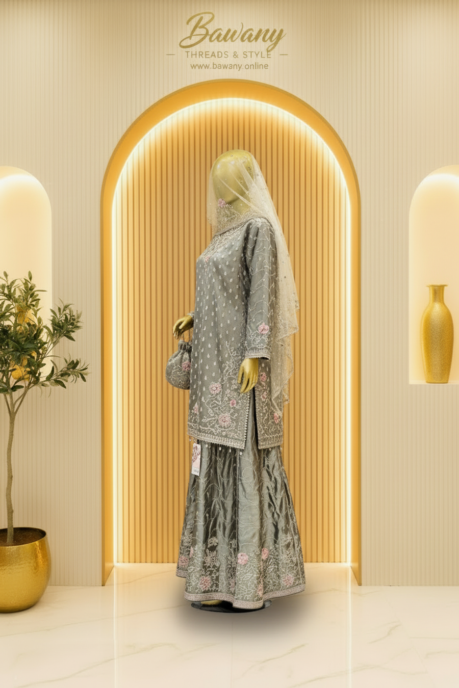 Grey Sage Floral Embroidered | Silver & Pink Floral Threadwork | 3-Piece Pakistani Formal Suit | Sheer Veil & Potli Bag | Festive Collection — view 3 — Tissue by Bawany Threads & Style