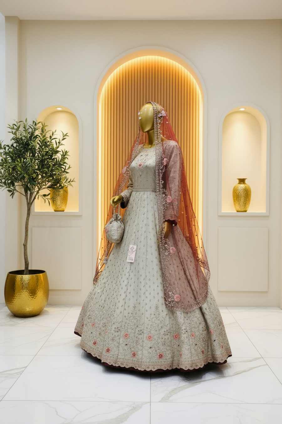  Ivory Champagne Bridal Anarkali Gown | Pearl & Pink Floral Embroidery | 3 Piece Pakistani Walima Dress | Rust Peach Contrast Dupatta | Bridal Collection — view 2 — Tissue by Bawany Threads & Style