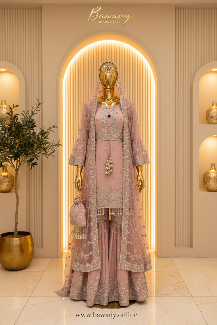 Dusty Rose Bridal Sharara Set | Zardozi Open Front Jacket & Pearl Tassel Belt | 4-Piece Pakistani Bridal Suit | Blush Pink Formal Wear — Tissue by Bawany Threads & Style