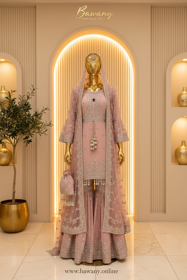 Dusty Rose Bridal Sharara Set | Zardozi Open Front Jacket & Pearl Tassel Belt | 4-Piece Pakistani Bridal Suit | Blush Pink Formal Wear — Tissue by Bawany Threads & Style