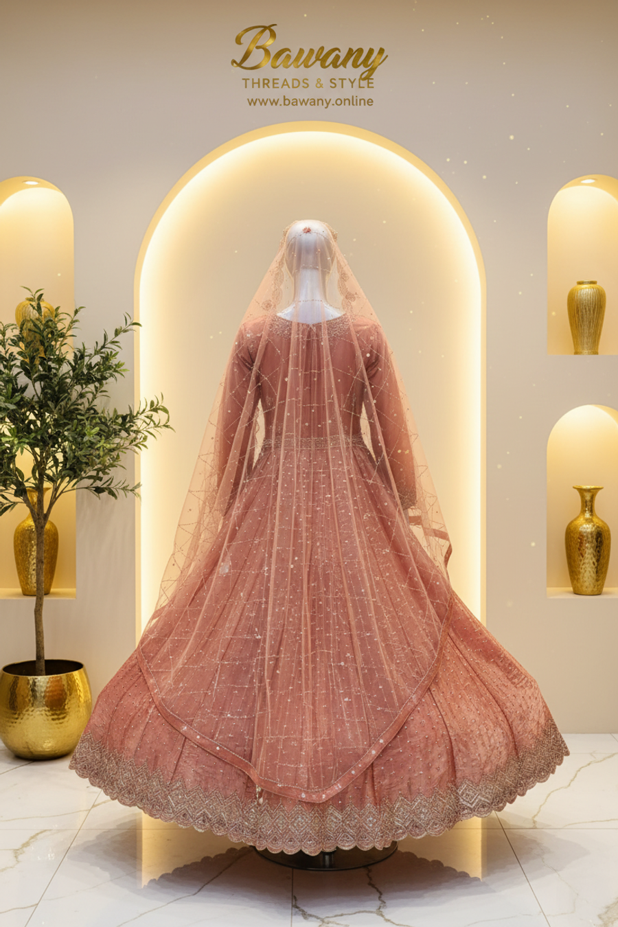 Dusty Rose Bridal Anarkali Gown | Grid Sequin Skirt & Scalloped Zardozi Cuff & Hem Border | 2-Piece Pakistani Bridal Wear | Terracotta Pink Wedding Gown | Matching Salmon Dupatta | Walima & Nikah Collection — view 4 — Formals by Bawany Threads & Style