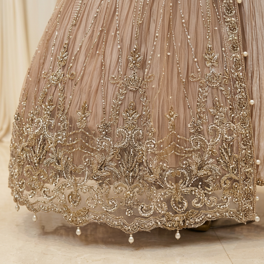 Blush Taupe Pearl Cascade | Floral Embroidery & Scalloped Hem | Pakistani Formal Open-Front Gown | Champagne Dupatta & Matching Potli | BAWANY Collection — view 4 — Organza by Bawany Threads & Style
