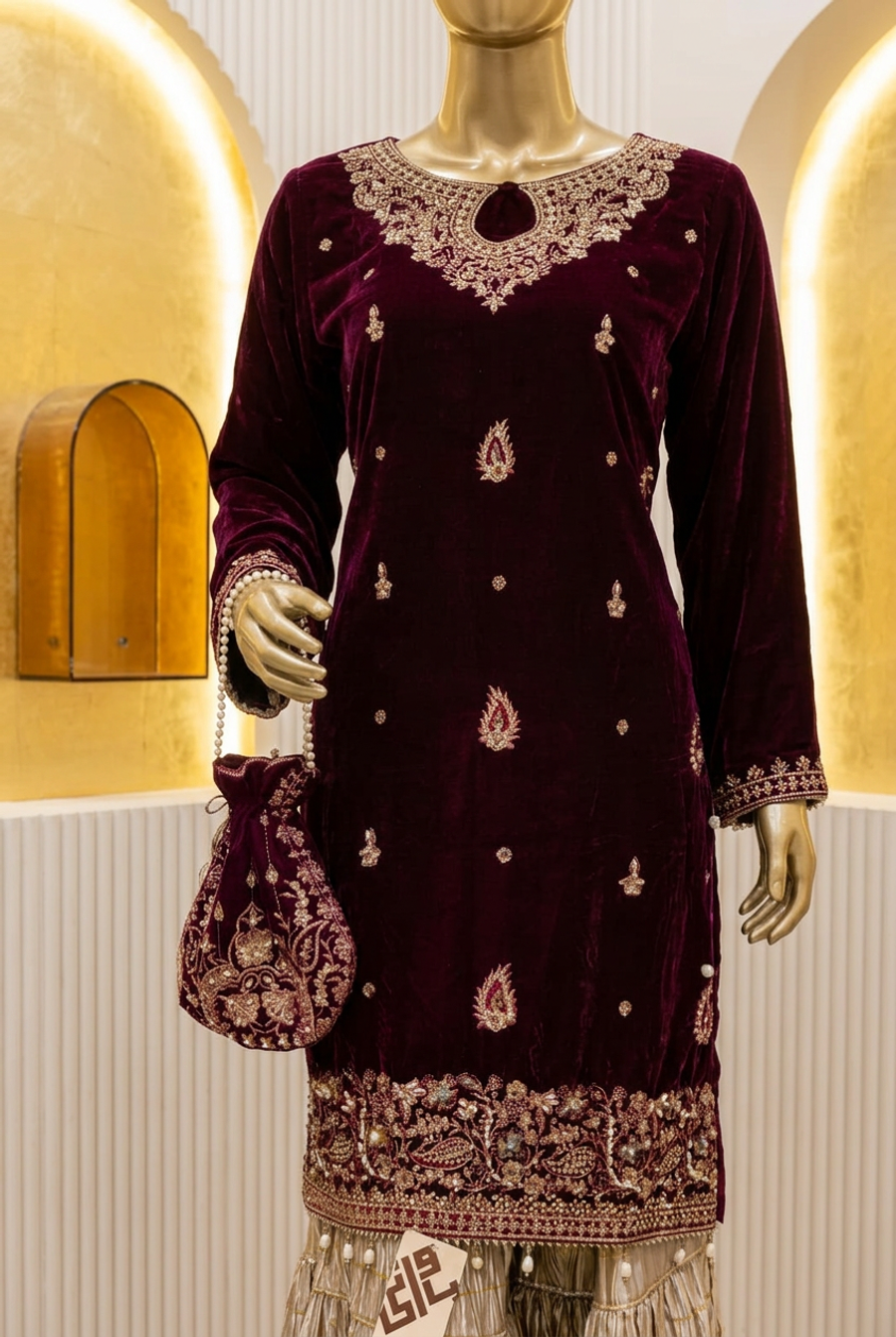 Burgundy Royal Paisley | Teardrop Neckline & Pearl-Drop Hem | Pakistani Formal Kameez Ensemble | Champagne Flared Trousers & Matching Potli | BAWANY Collection — Bridal by Bawany Threads & Style