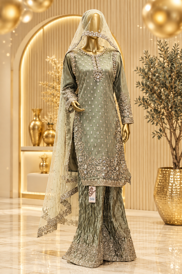 Olive Grey Floral Elegance | Metallic Embroidery & Textured Flared Trousers | Pakistani Formal Kameez Ensemble | Sheer Ivory-Sage Dupatta | BAWANY Collection — Formals by Bawany Threads & Style