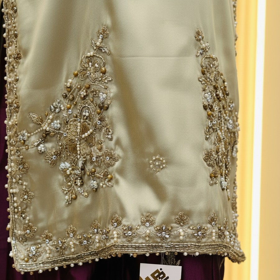 Champagne Gold Embroidered 3-Piece Suit | Ornate Neckline & Floral Wine Trousers | Pakistani Formal Kameez Trousers Dupatta | Burgundy Sheer Dupatta | BAWANY Collection — view 4 — Organza by Bawany Threads & Style