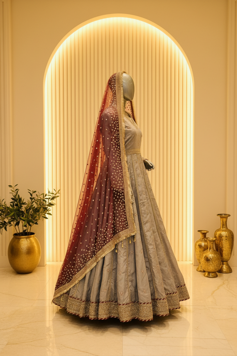 Steel Grey Gold Embroidered Bridal Anarkali | Wine Red Veil & Crystal Booti — view 2 — Bridal by Bawany Threads & Style
