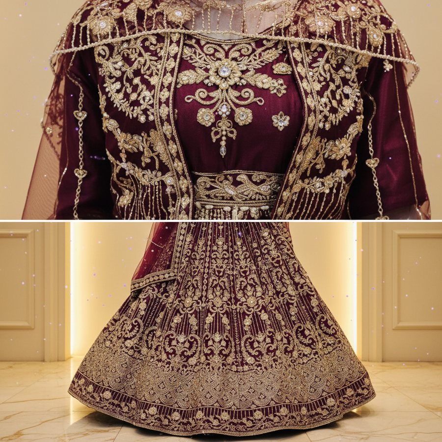 Deep Plum Purple Velvet Bridal Lehenga Gown | Gold Zardozi Cape Overlay & Pearl Chain Tassels — view 3 — Bridal by Bawany Threads & Style