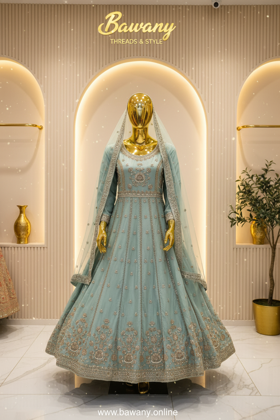 Teal Bridal Anarkali Gown | Silver Zardozi Sunflower Medallion & Scalloped Cuffs | 2-Piece Pakistani Formal Wear | Sage Blue-Green Wedding Gown | Walima & Barat Collection — Organza by Bawany Threads & Style