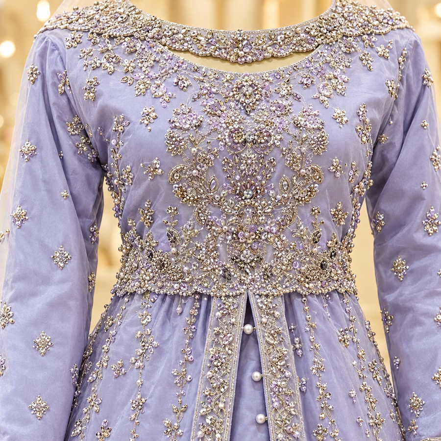 Lavender Pakistani Formal Gown | Metallic Floral Embroidery & Open-Front Panels | Pearl-Style Button Detail | Ivory Dupatta & Matching Potli | Occasion Collection — view 4 — Tissue by Bawany Threads & Style
