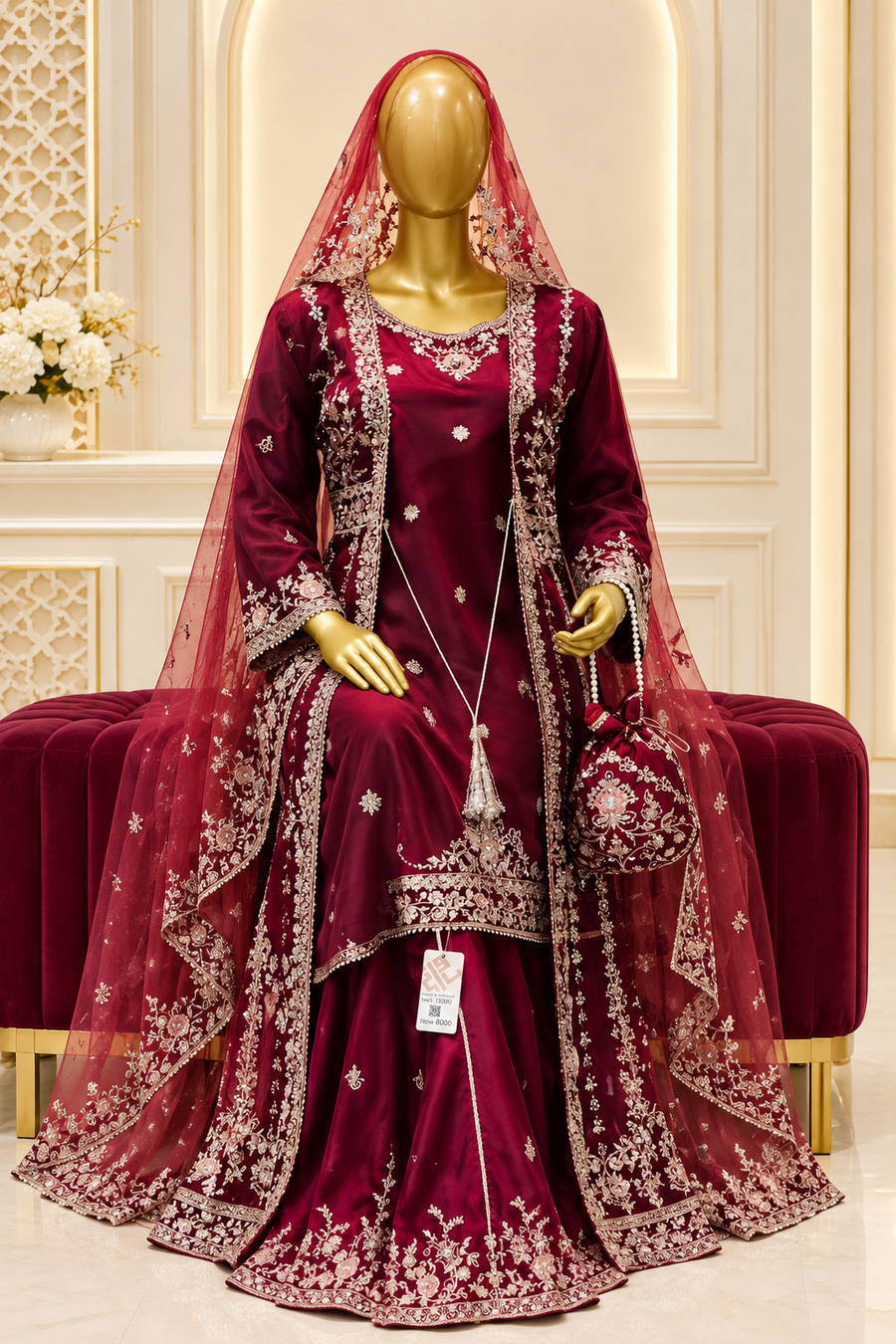 Deep Maroon Royal Bloom | Metallic Floral Embroidery & Long Overlay | Pakistani Formal Ensemble | Sheer Dupatta & Matching Potli | BAWANY Collection — view 3 — Organza by Bawany Threads & Style