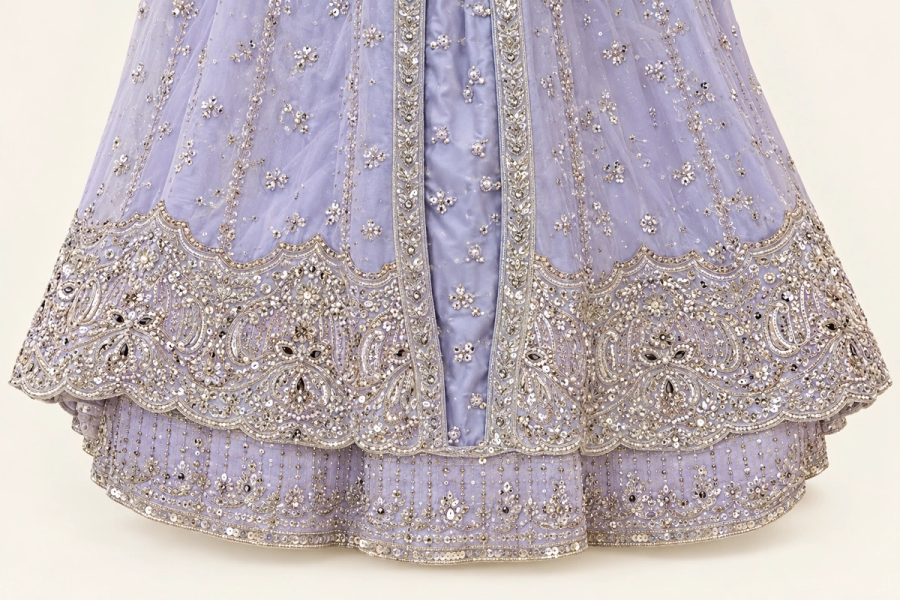 Lavender Moonlight Layered Dress | Metallic Floral Embroidery & Scalloped Hem | Front-Open Flared Silhouette | Sheer Veil & Matching Potli | BAWANY Threads & Style — view 4 — Chiffon by Bawany Threads & Style