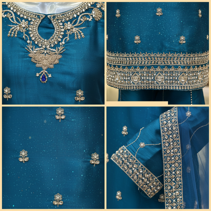 Teal Peacock Blue Silk Gharara Set | Silver Gold Zardozi Embroidery & Sapphire Pendant — view 2 — Bridal by Bawany Threads & Style