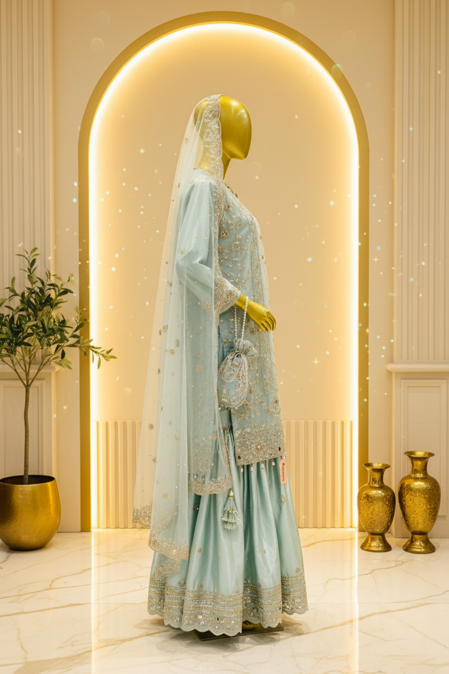 Mint Ice Blue Organza Gharara Set | Gold Silver Zardozi Embroidery & Pearl Tassel Drops — view 2 — Bridal by Bawany Threads & Style