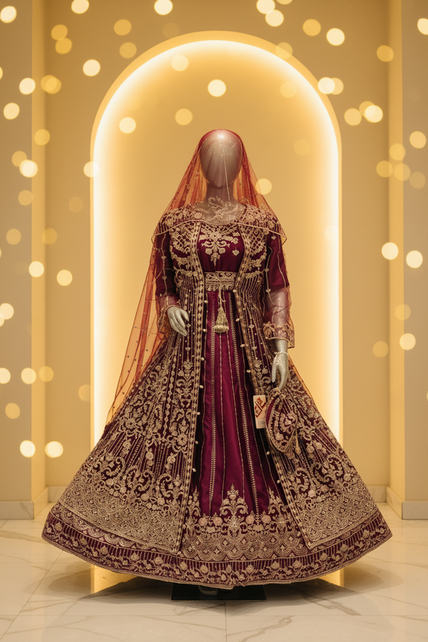 Deep Plum Purple Velvet Bridal Lehenga Gown | Gold Zardozi Cape Overlay & Pearl Chain Tassels — Bridal by Bawany Threads & Style