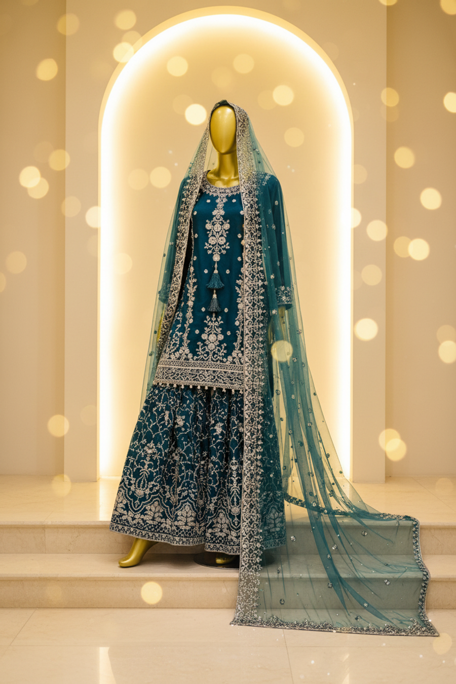 Teal Peacock Blue Silk Gharara Set | Silver Zardozi Floral Vine & Pearl Pendant Neckline — Bridal by Bawany Threads & Style
