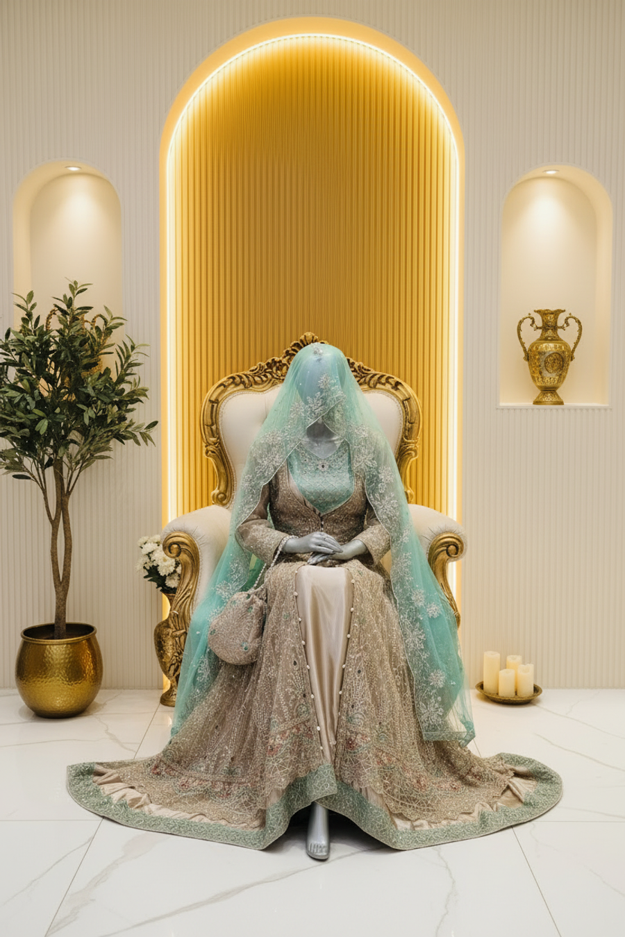 Seafoam & Champagne Silver Embroidered Dress | Floral Lattice Work & Ornate Hem | Pakistani Formal Occasion Wear | Sheer Veil & Matching Potli | BAWANY Collection — view 2 — Organza by Bawany Threads & Style