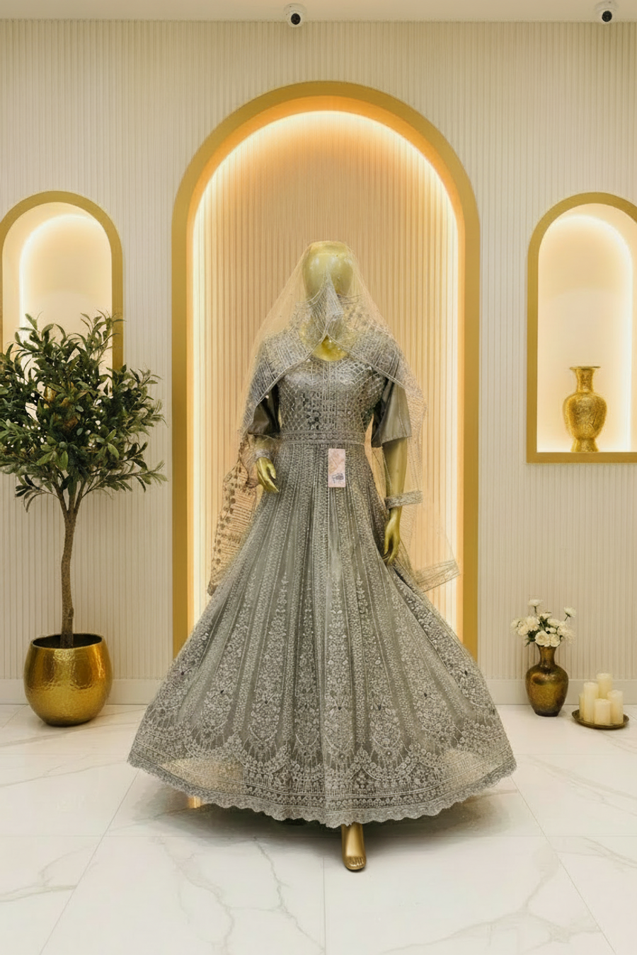 Charcoal Silver Embroidered Dress | Floral & Vertical Panel Work | Pakistani Formal Occasion Wear | Sheer Embroidered Veil | BAWANY Collection — Bridal by Bawany Threads & Style