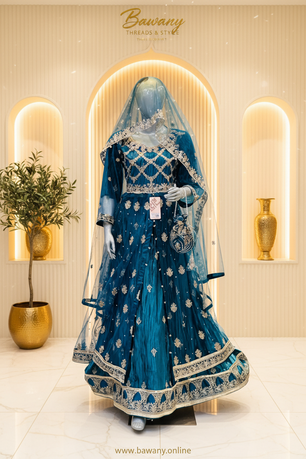 Teal Bridal Lehenga | Diamond Lattice Silver Zardozi Blouse & Large Floral Bouquet Skirt | 3-Piece Pakistani Bridal Wear | Peacock Blue Wedding Lehenga | Sky Blue Dupatta & Teal Potli Bag | Barat Collection — Formals by Bawany Threads & Style