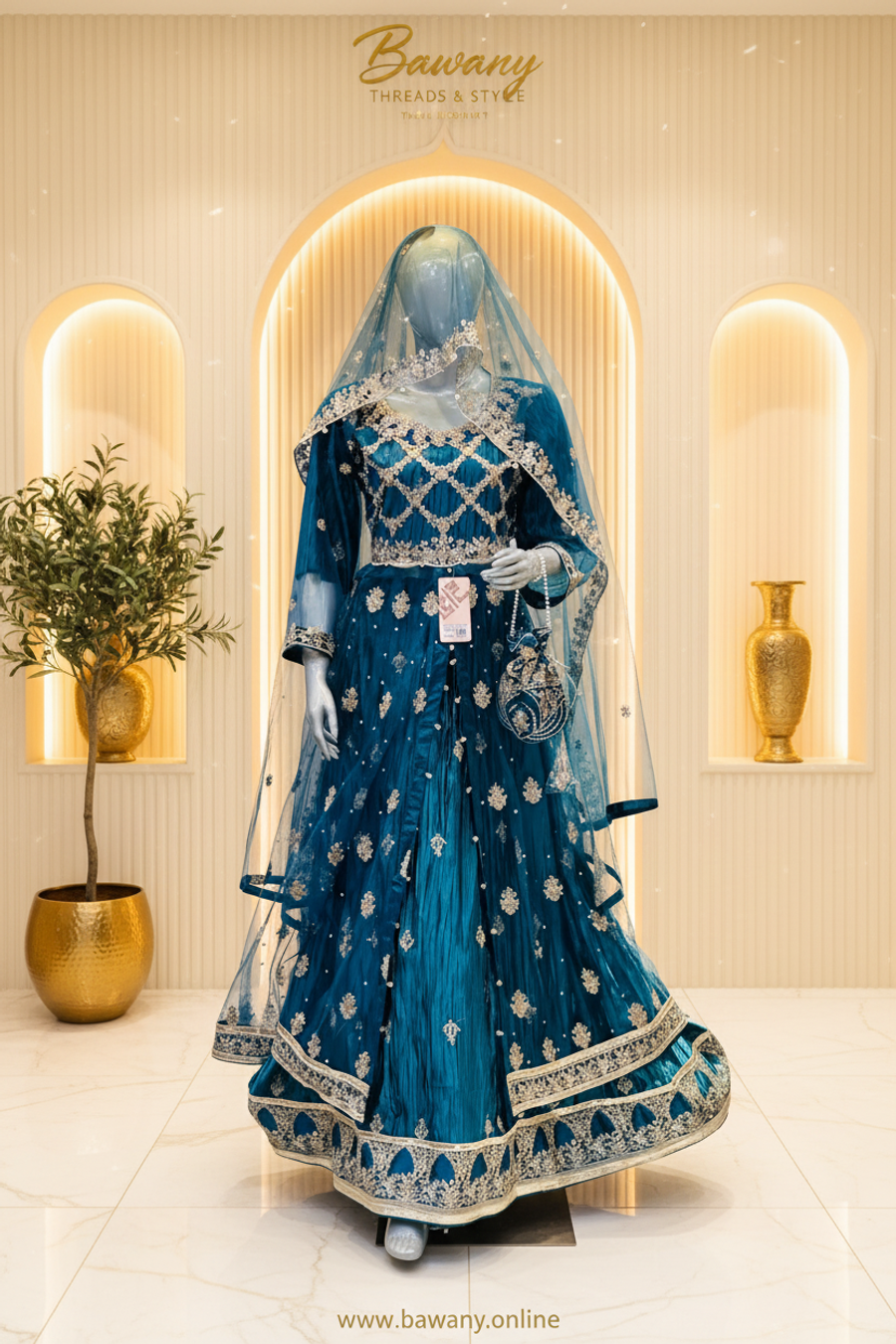 Teal Bridal Lehenga | Diamond Lattice Silver Zardozi Blouse & Large Floral Bouquet Skirt | 3-Piece Pakistani Bridal Wear | Peacock Blue Wedding Lehenga | Sky Blue Dupatta & Teal Potli Bag | Barat Collection — Formals by Bawany Threads & Style