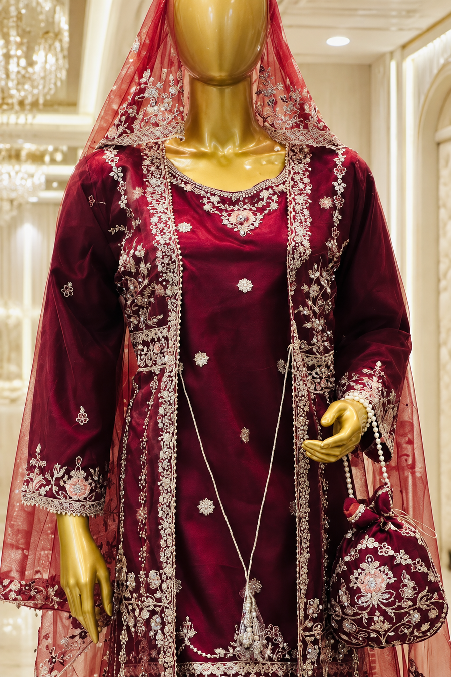 Deep Maroon Royal Bloom | Metallic Floral Embroidery & Long Overlay | Pakistani Formal Ensemble | Sheer Dupatta & Matching Potli | BAWANY Collection — view 4 — Organza by Bawany Threads & Style