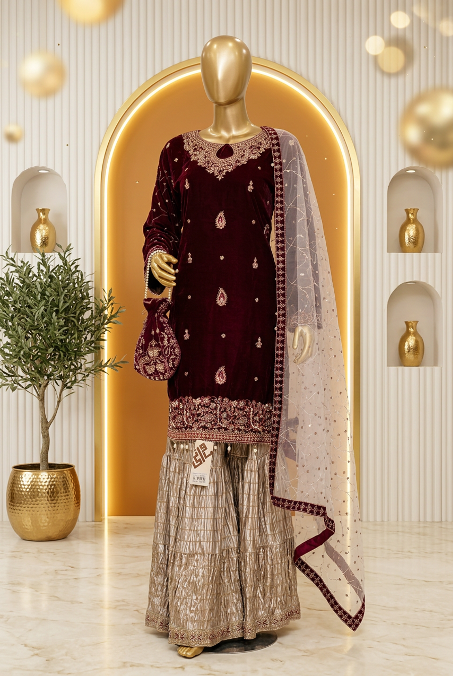 Burgundy Royal Paisley | Teardrop Neckline & Pearl-Drop Hem | Pakistani Formal Kameez Ensemble | Champagne Flared Trousers & Matching Potli | BAWANY Collection — view 3 — Bridal by Bawany Threads & Style