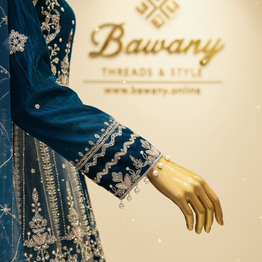 Teal Blue Bridal Suit | Silver Zardozi Yoke Border & Net Panel Skirt | 3-Piece Pakistani Formal Wear | Peacock Blue Wedding Suit | Pearl Drop Cuffs | Barat & Walima Collection — view 3 — Formals by Bawany Threads & Style