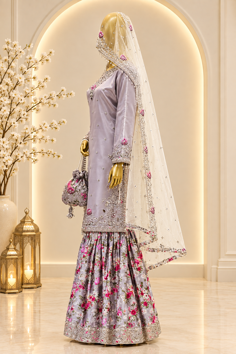 Lilac Grey Embroidered Ensemble | Floral Kameez & Printed Flared Trousers | Pakistani Formal Outfit | Sheer Floral Dupatta & Potli | BAWANY Collection — view 2 — Bridal by Bawany Threads & Style