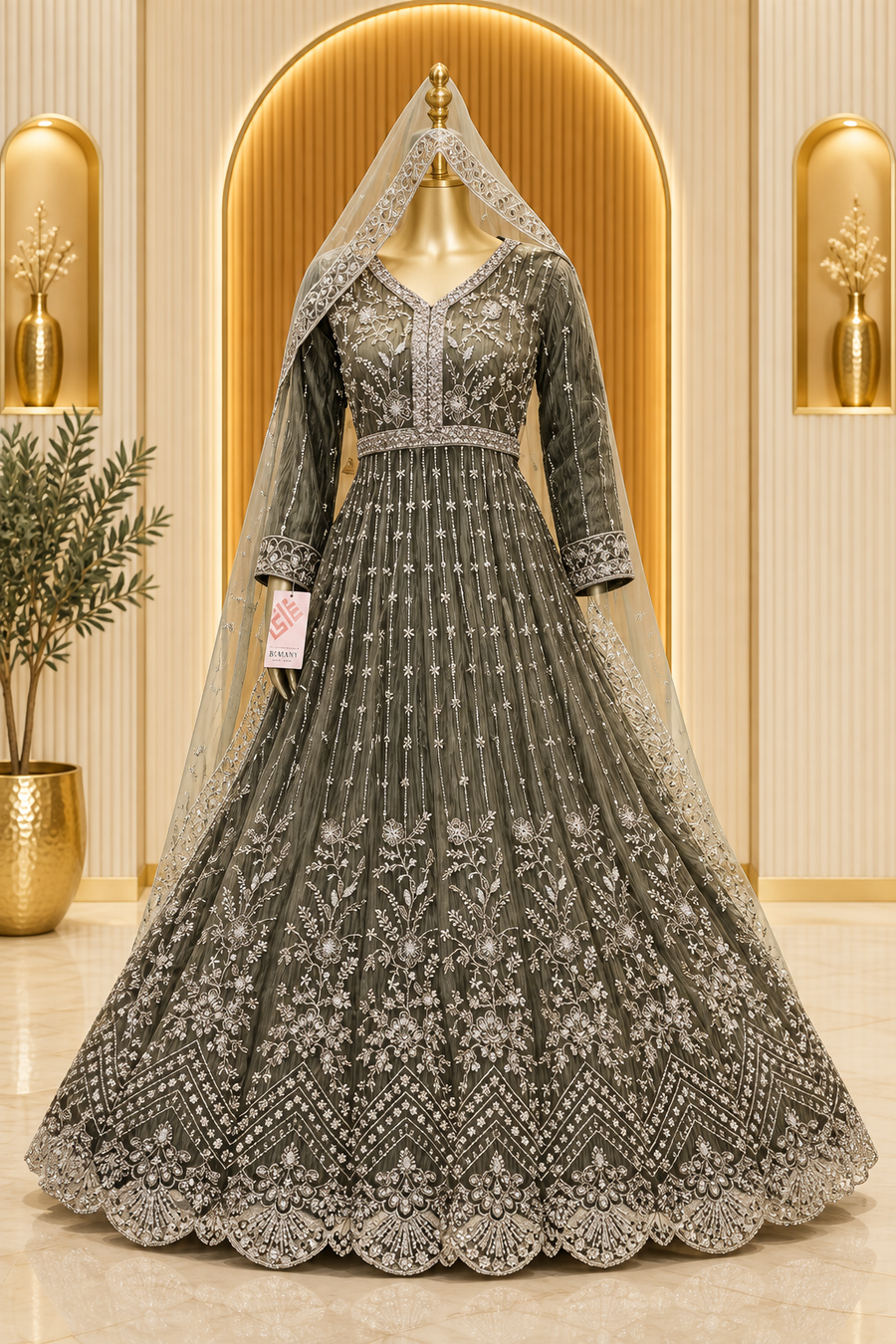 Charcoal Olive Embroidered Gown | Silver Floral Bodice & Scalloped Hem | Pakistani Formal Dupatta Outfit | Deep Olive-Grey Full Flare | BAWANY Collection — view 3 — Formals by Bawany Threads & Style