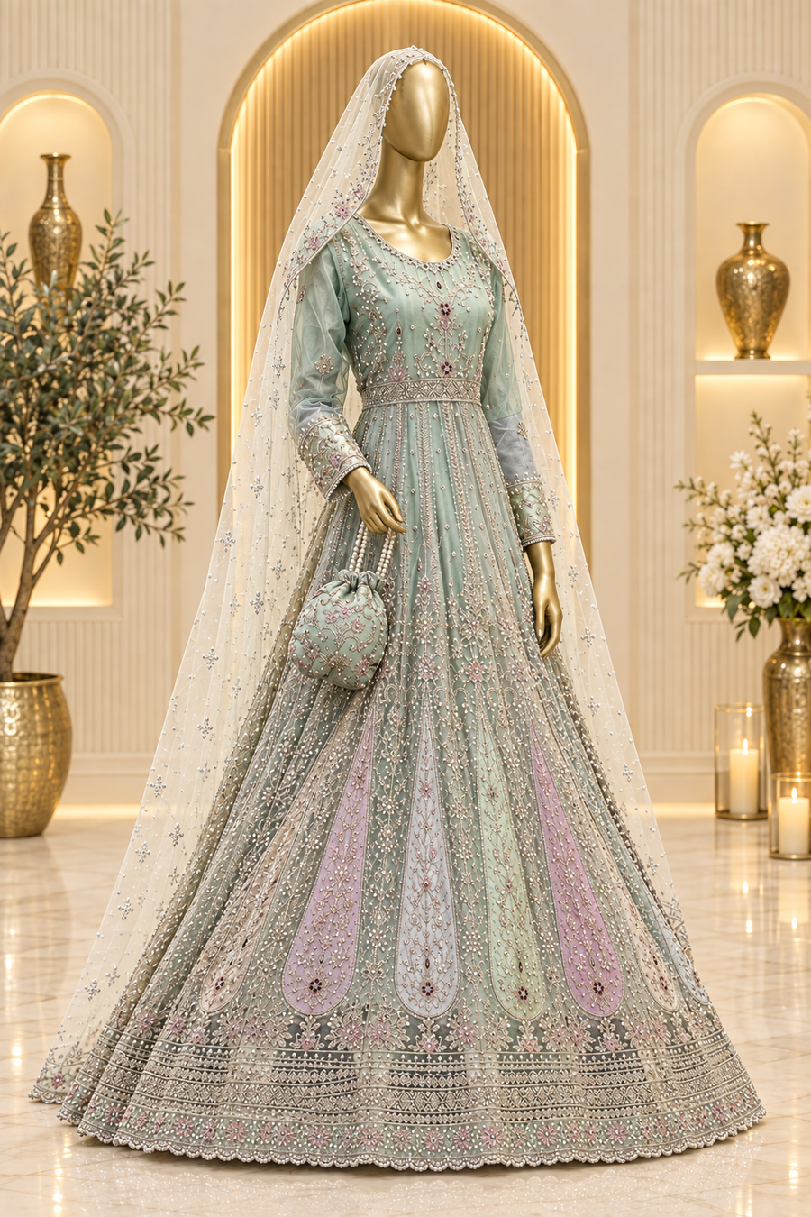 Mint Seafoam Embroidered Gown | Lavender & Blush Panelled Skirt | Pakistani Formal Gown | Silver Work, Ivory Veil & Matching Potli | Formal Collectio — view 2 — Formals by Bawany Threads & Style