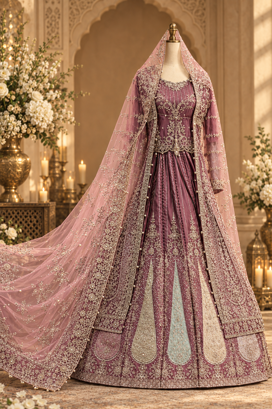 Plum Mauve Formal Gown | Silver-Gold Floral & Paisley Embroidery | 3 Piece Pakistani Formal Maxi | Mint & Ivory Teardrop Panels | Formal Collection — view 2 — Formals by Bawany Threads & Style