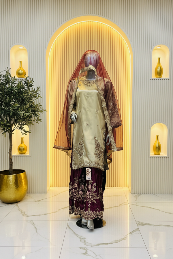 Champagne Gold Embroidered 3-Piece Suit | Ornate Neckline & Floral Wine Trousers | Pakistani Formal Kameez Trousers Dupatta | Burgundy Sheer Dupatta | BAWANY Collection — Organza by Bawany Threads & Style