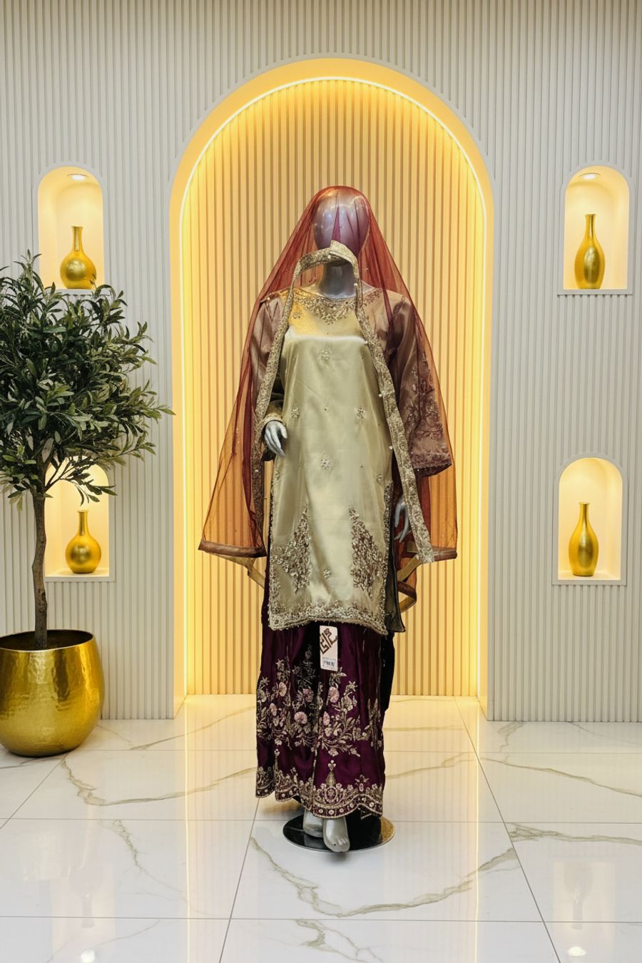 Champagne Gold Embroidered 3-Piece Suit | Ornate Neckline & Floral Wine Trousers | Pakistani Formal Kameez Trousers Dupatta | Burgundy Sheer Dupatta | BAWANY Collection — Organza by Bawany Threads & Style