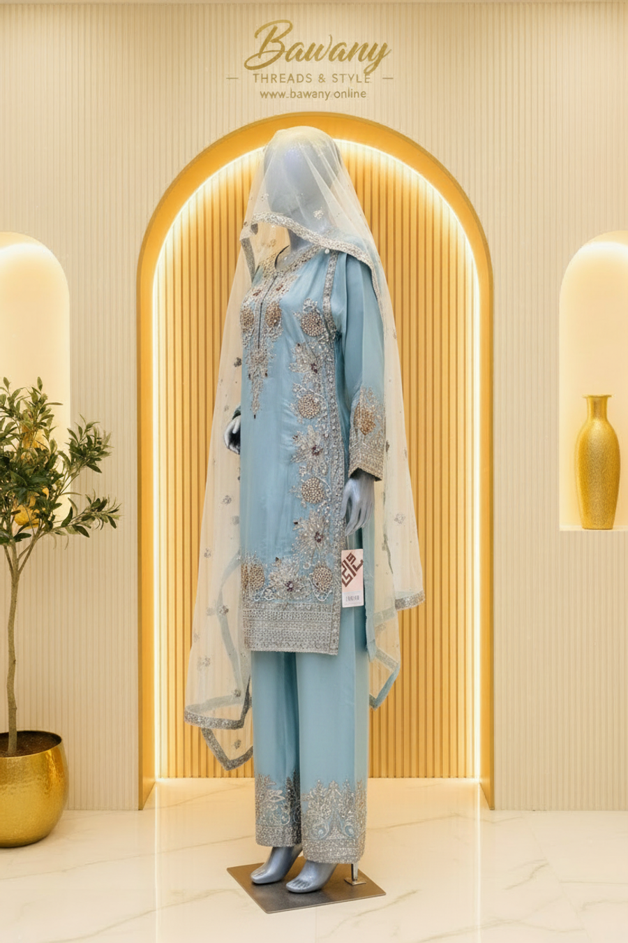 Icy Blue Floral Embroidered | Silver & Champagne-Gold Threadwork | 3-Piece Pakistani Formal Suit | Sheer Ivory Dupatta & Wide-Leg Trousers | Festive Collection — view 3 — Bridal by Bawany Threads & Style