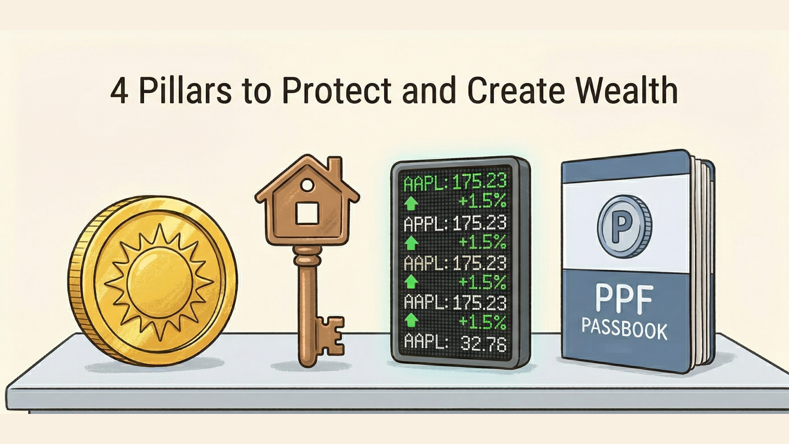 Illustration of four portfolio diversification pillars for Indian investors showing a gold coin, property key, stock market ticker, and PPF passbook side by side