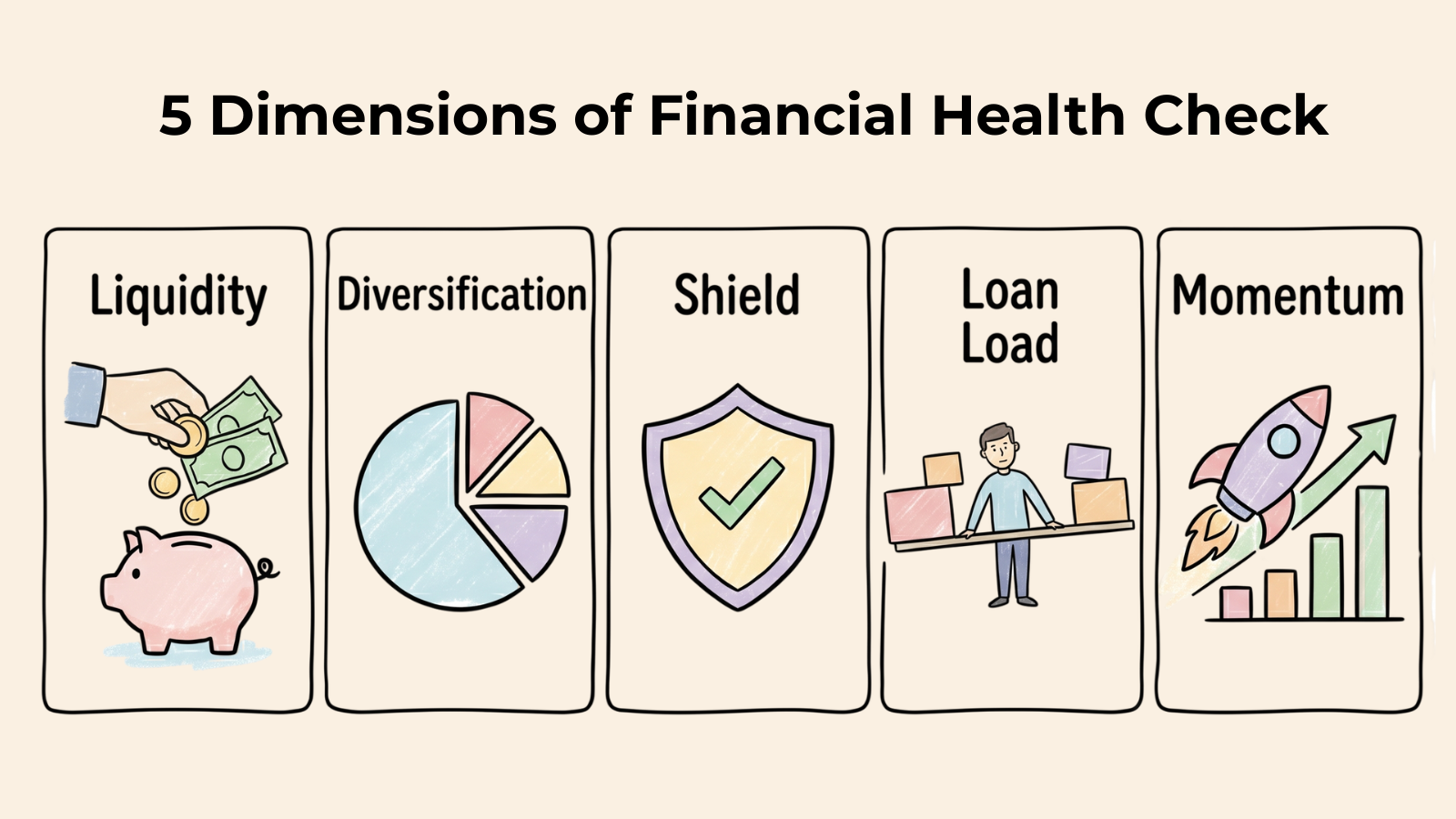 Alt text: Infographic showing the five dimensions of a financial health check: liquidity, diversification, shield, loan load, and momentum each represented by a distinct icon